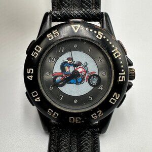 Wile E. Coyote Fossil Watch Men Black Round Dial 29MM Leather Band New Battery